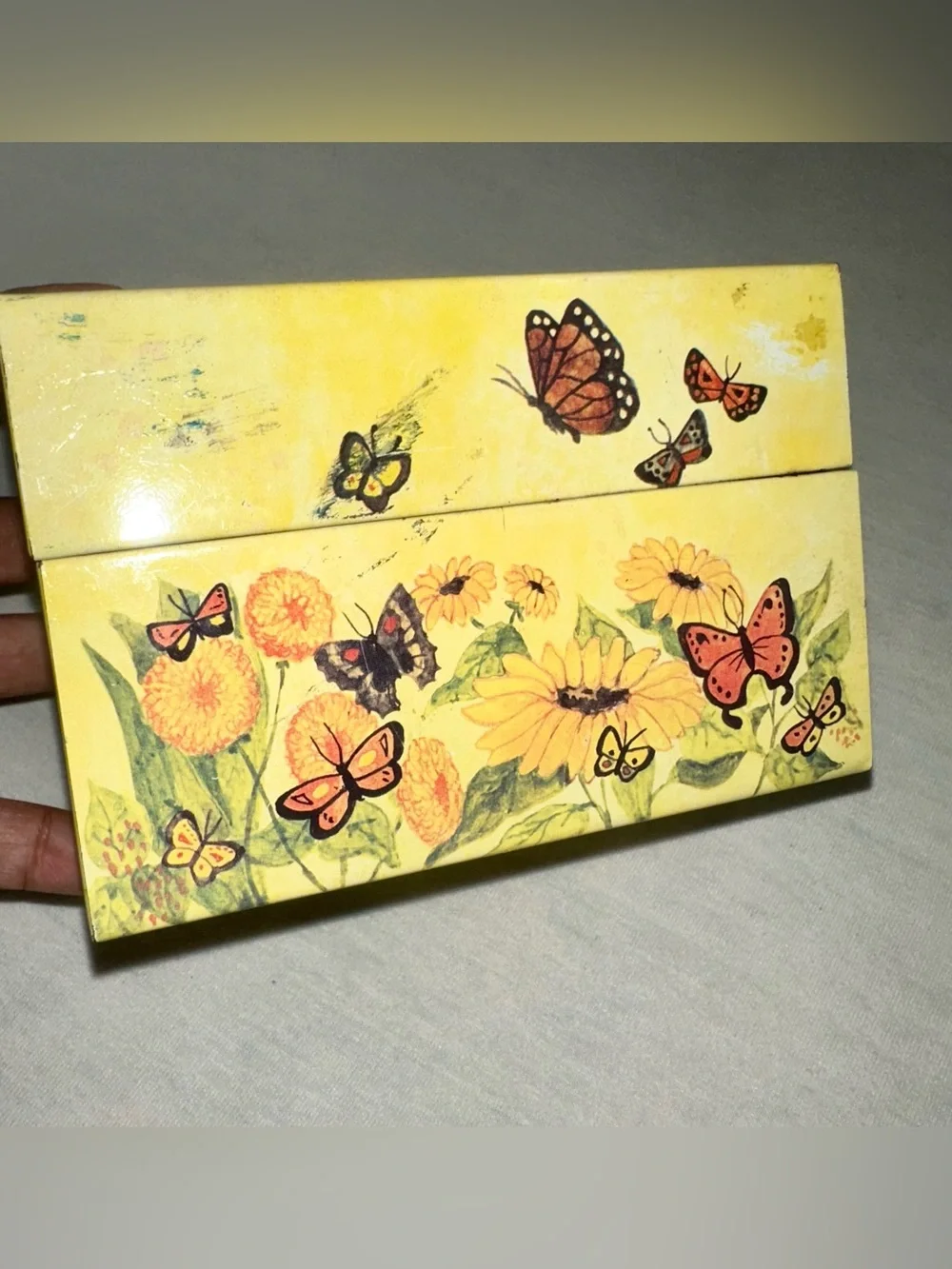 Vintage 70s Sunflower Butterfly Tin Recipe Box Syndicate Mfg Co Metal Yellow